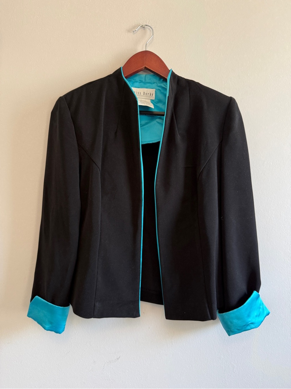 Beautiful Vintage Black Open-Front Blazer with Teal Trim and Cuffs Women Size 10